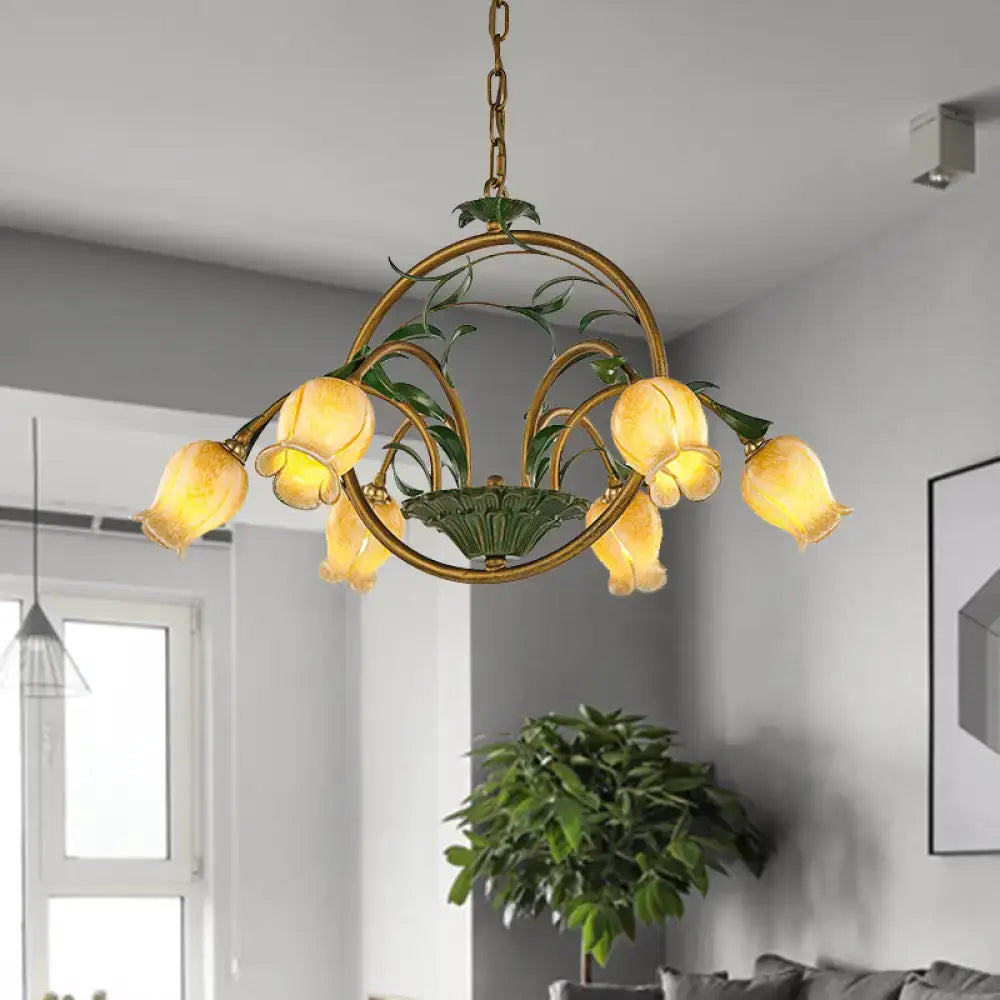 DecorBites™ Traditional Floral Ceiling Chandelier - White/Yellow/Purple Glass - 6 Hanging Light Heads