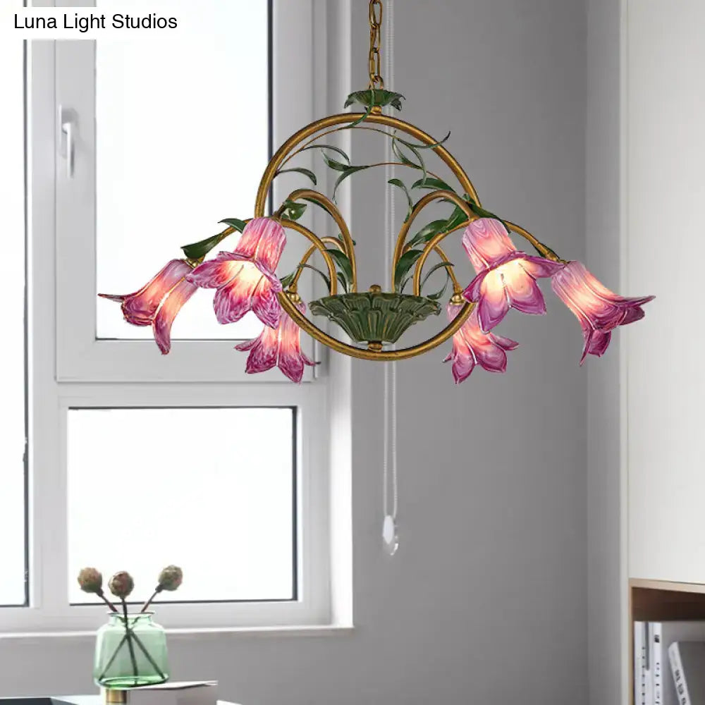 DecorBites™ Traditional Floral Ceiling Chandelier - White/Yellow/Purple Glass - 6 Hanging Light Heads