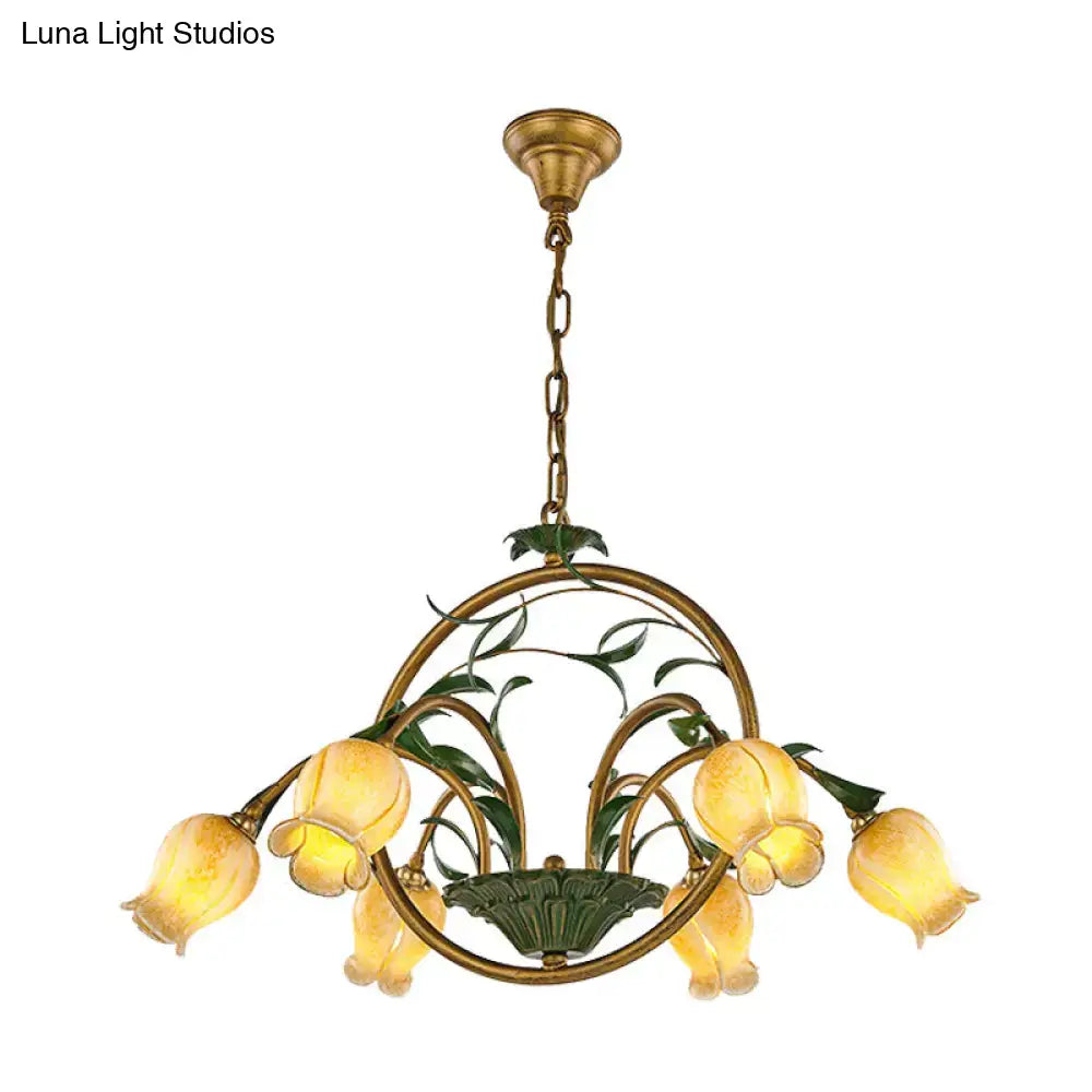 DecorBites™ Traditional Floral Ceiling Chandelier - White/Yellow/Purple Glass - 6 Hanging Light Heads