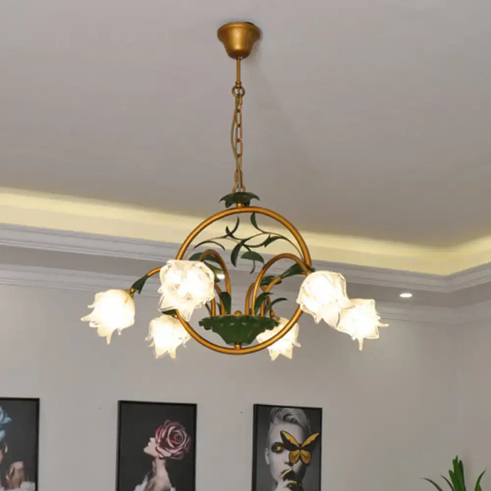 DecorBites™ Traditional Floral Ceiling Chandelier - White/Yellow/Purple Glass - 6 Hanging Light Heads