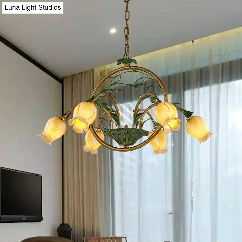 DecorBites™ Traditional Floral Ceiling Chandelier - White/Yellow/Purple Glass - 6 Hanging Light Heads