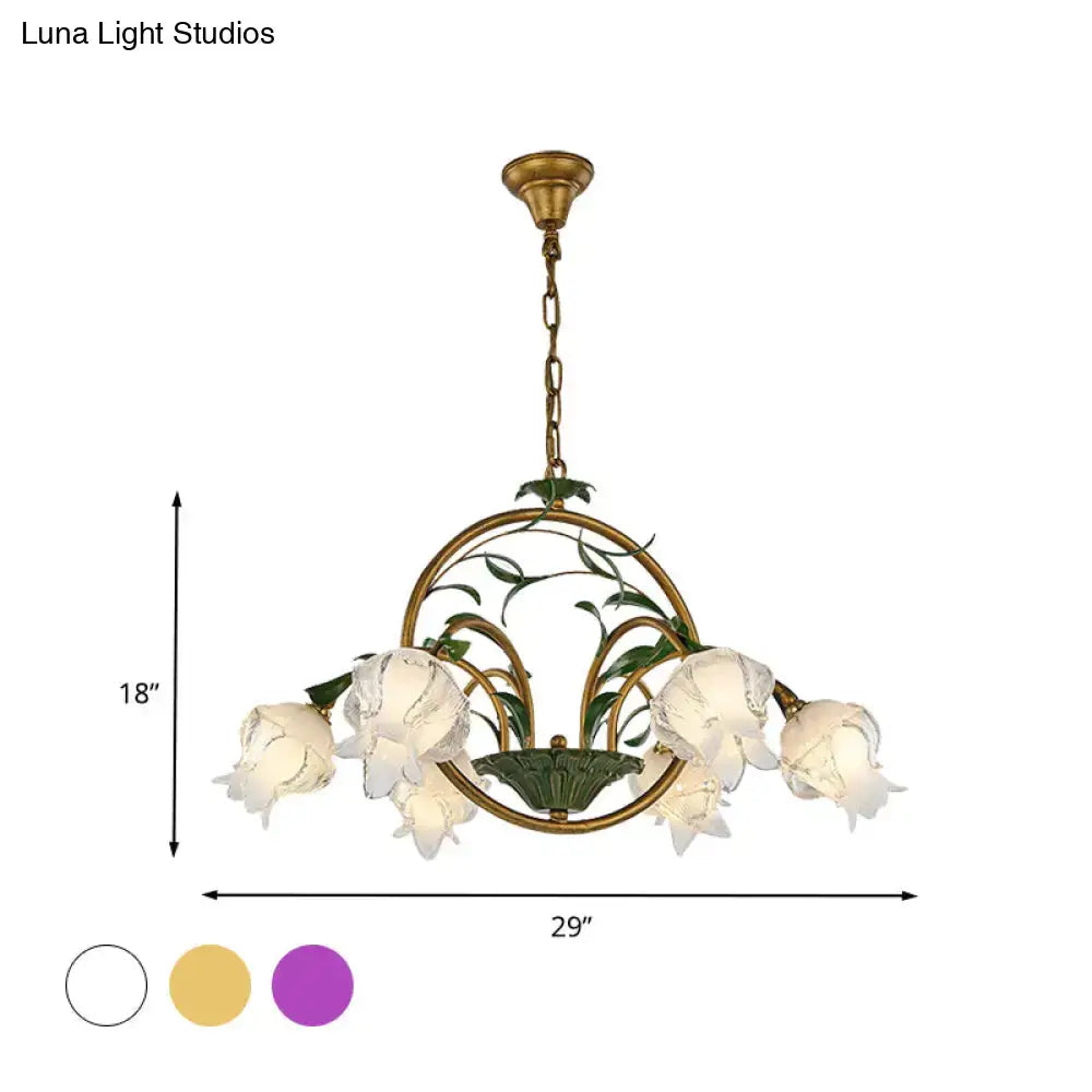 DecorBites™ Traditional Floral Ceiling Chandelier - White/Yellow/Purple Glass - 6 Hanging Light Heads