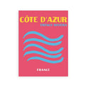 Vibrant pink posters art print featuring bold yellow and light blue text côte d azur french riviera from decorbites travel set
