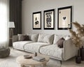 Beige upholstered sectional sofa with soft modern design and dark brown pillows alongside decorbites trendy retro wall art posters set queen of hearts