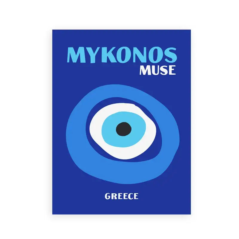 Blue rectangular decorbites travel posters art print featuring stylized evil eye design with mykonos muse and greece text