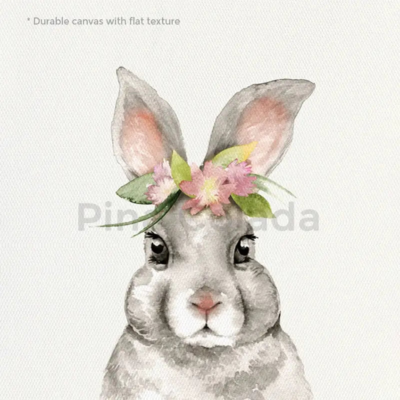 DecorBites™ tropical ocean shell wall art featuring gray bunny with floral crown on durable canvas for living room