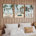 Decorbites tropical surfboard travel wall art set featuring three framed pastel prints of palm trees vintage van and surfboards