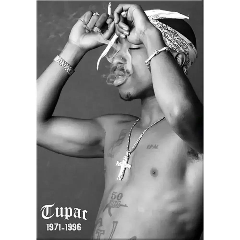 Black and white tupac canvas print featuring his signature bandana and cross necklace for hip hop wall art by decorbites
