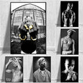 Black-and-white tupac canvas print featuring iconic poses in framed posters for hip hop wall art by DecorBites™