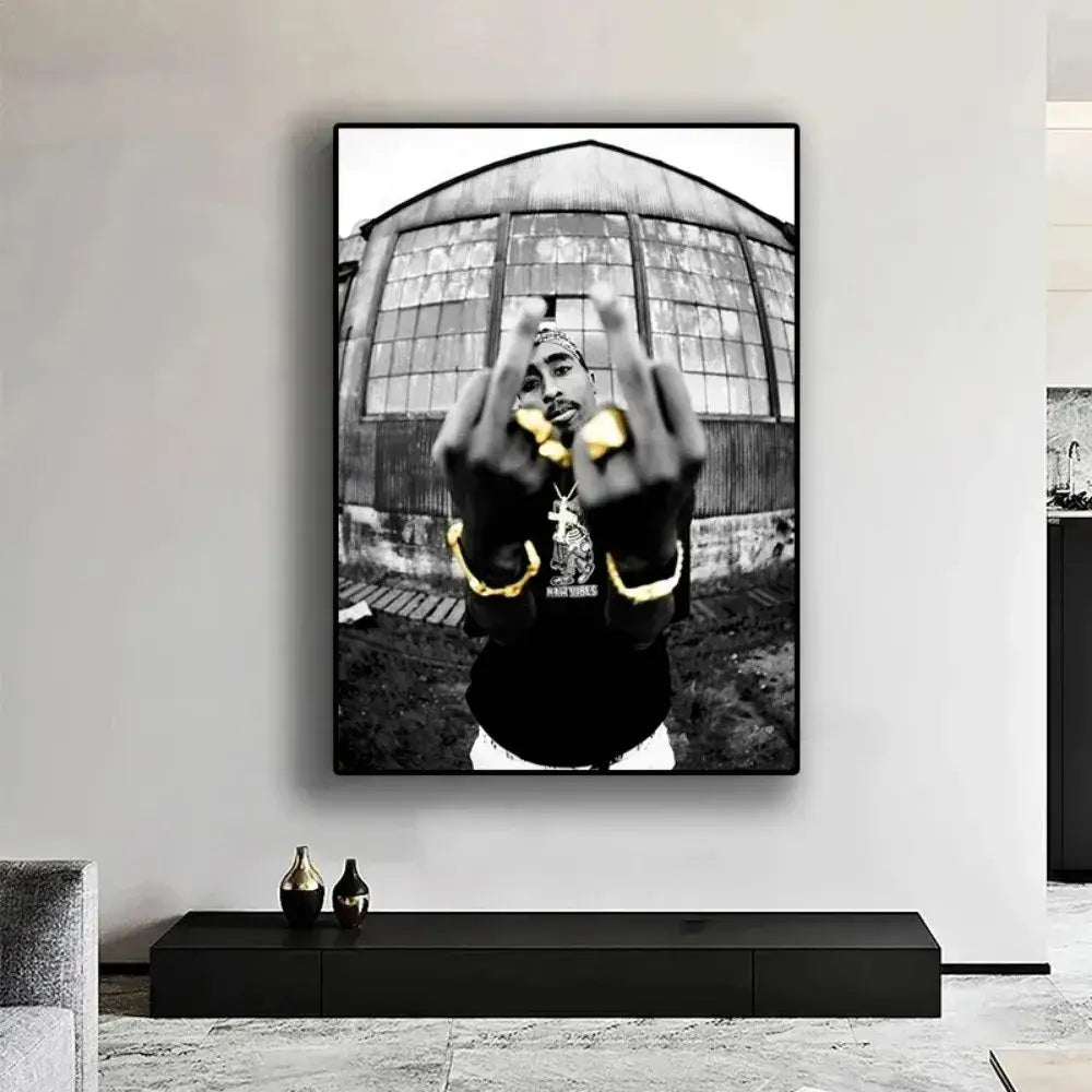 Black and white framed tupac canvas print featuring gold rings and bracelets from decorbites hip hop wall art collection