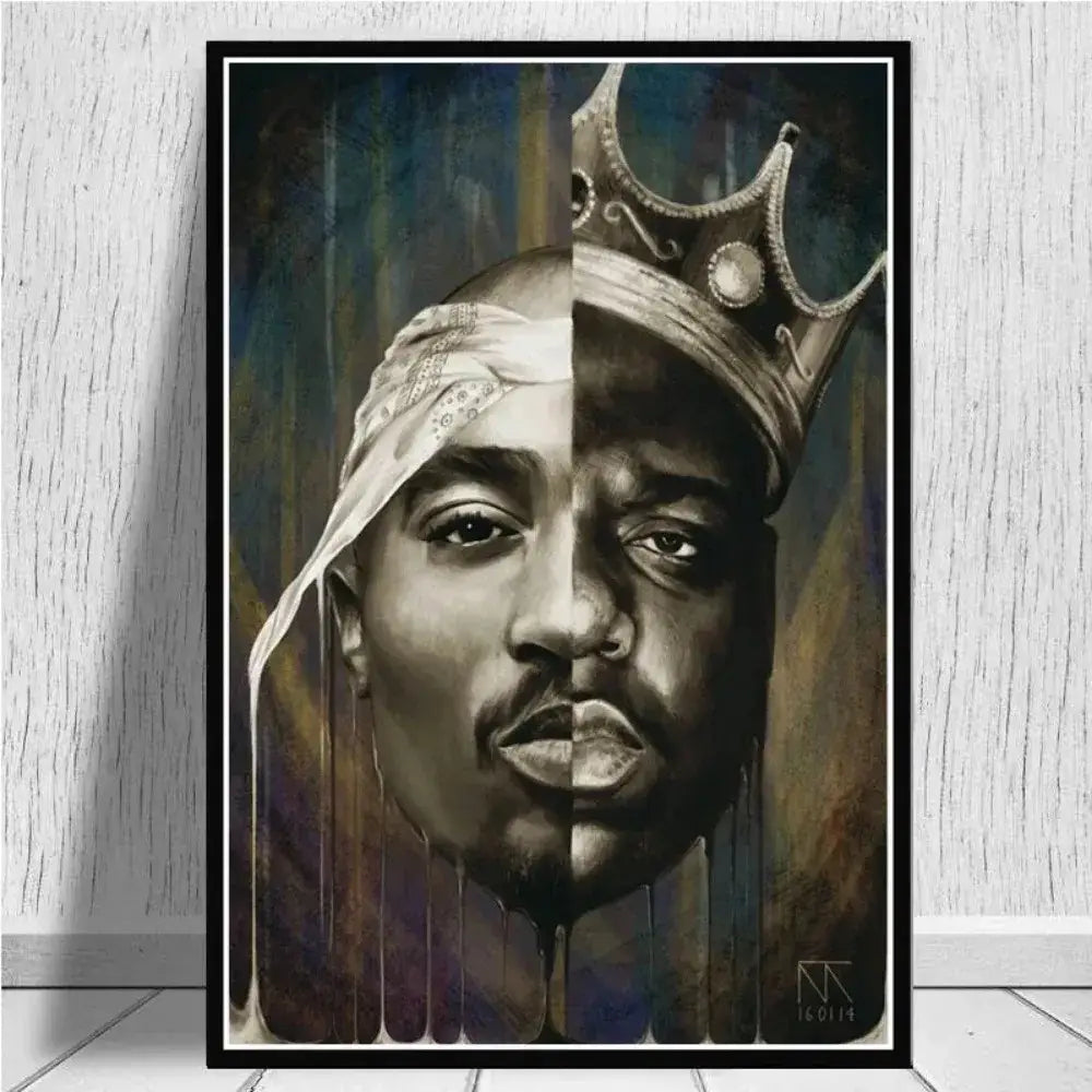 Black-framed tupac canvas print featuring a split portrait with white bandana and crown for hip hop wall art