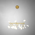 Gold-toned DecorBites™ linear firefly pendant lighting with frosted glass petals and branching arms for living room ceiling light