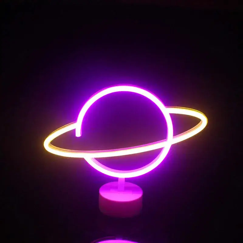 Decorbites™ usb led neon sign light featuring a glowing purple planet lamp with a golden ring on a matching base