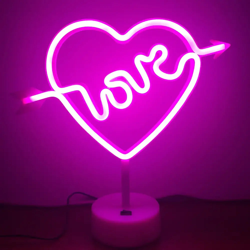 Decorbites led neon sign light in pink heart shape with love and arrow on white base for holiday and wedding decor