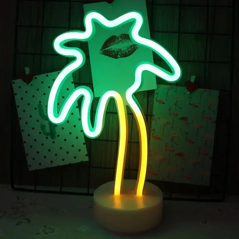 DecorBites™ usb led neon sign lamp featuring a green and yellow glowing palm tree with stylized lip print for home decor