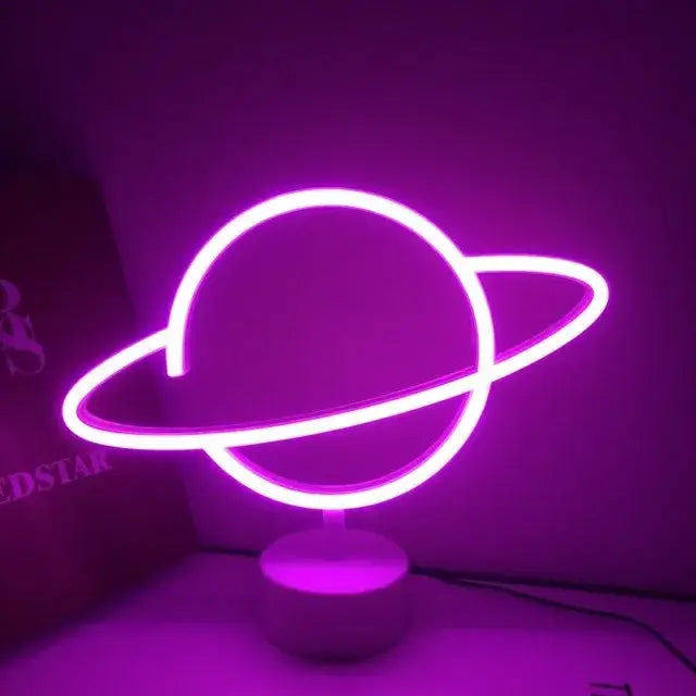 Decorbites™ purple led neon sign shaped like a planet with rings on white base for holiday and home decoration