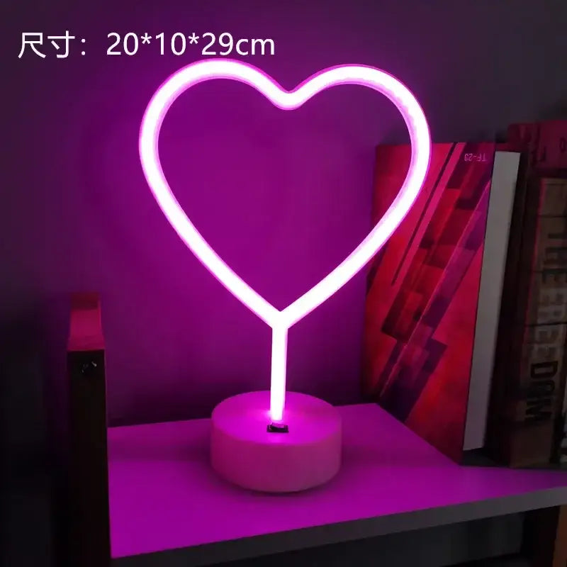 DecorBites™ glowing pink led neon heart-shaped sign lamp with circular base ideal for holiday and party decoration