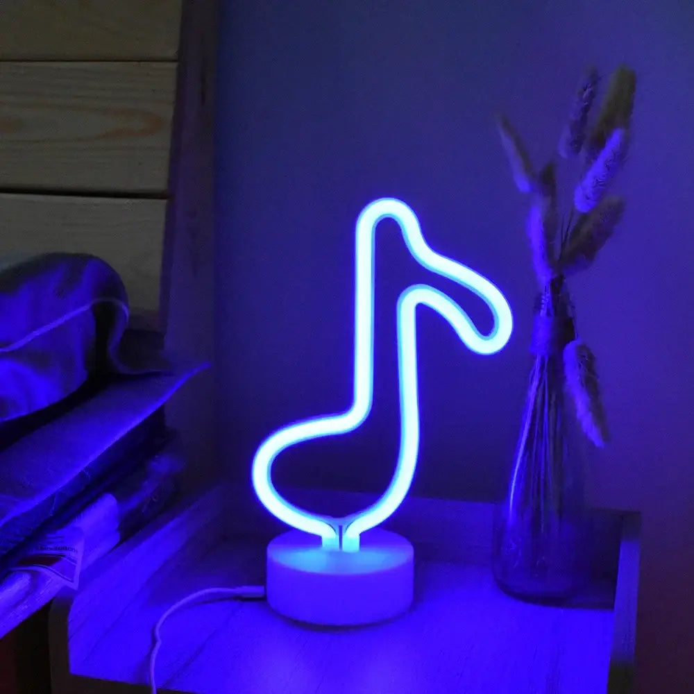 Decorbites™ usb led neon sign featuring a glowing blue musical note on white circular base for holiday and home decor