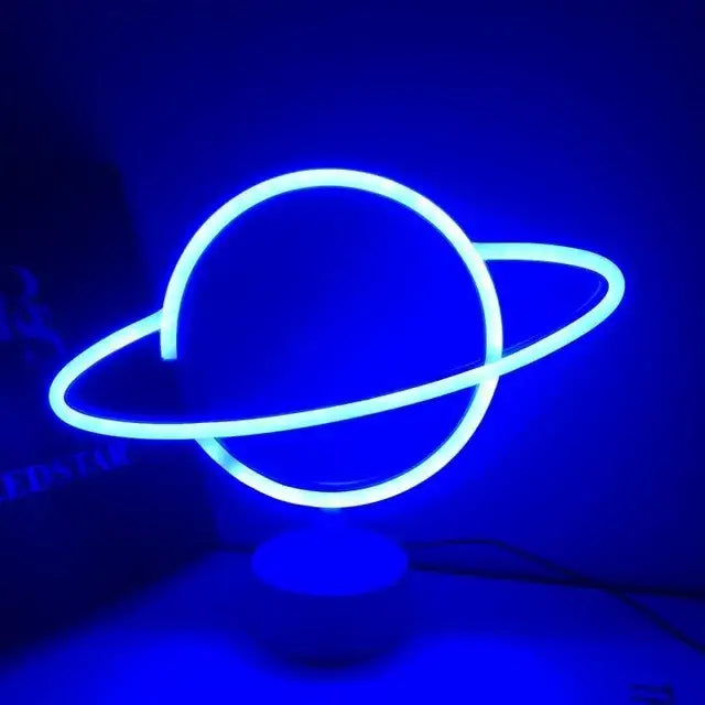 Decorbites usb led neon sign light featuring a glowing blue planet with rings neon sign for holiday decoration