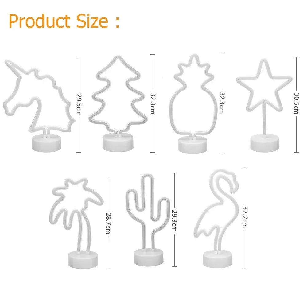 Set of six white led neon sign figures in unicorn tree pineapple star palm tree cactus and flamingo shapes by decorbites
