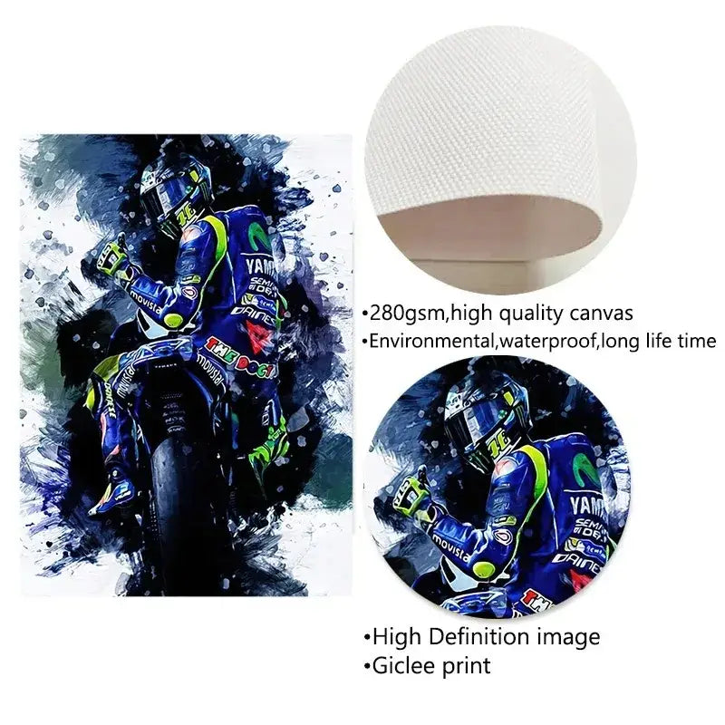 Decorbites™ valentino rossi blue and green yamaha motorcycle canvas wall art on 280gsm for living room decor