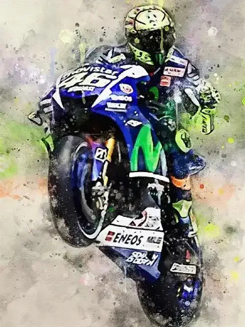 Blue and green racing motorcycle canvas wall art featuring sponsor decals for living room by DecorBites™ Valentino Rossi