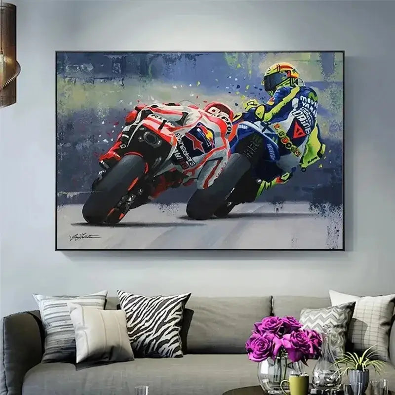 Decorbites™ valentino rossi motorcycle racing canvas wall art with vibrant red and blue bikes perfect for living room wall art