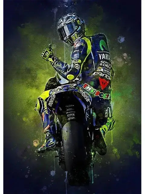 DecorBites™ Valentino Rossi canvas wall art featuring a vibrant blue and yellow Yamaha racing suit for living room decor
