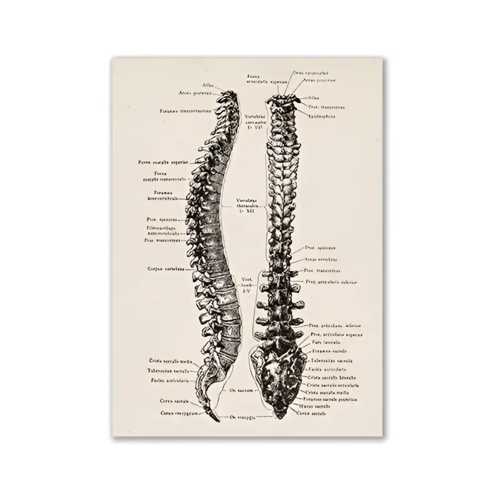 Decorbites™ vintage anatomy canvas print featuring detailed black ink human anatomy artwork of the human spine