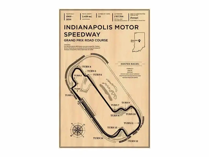 DecorBites vintage F1 Monaco grand prix racing poster in sepia tone featuring Indianapolis motor speedway layout
