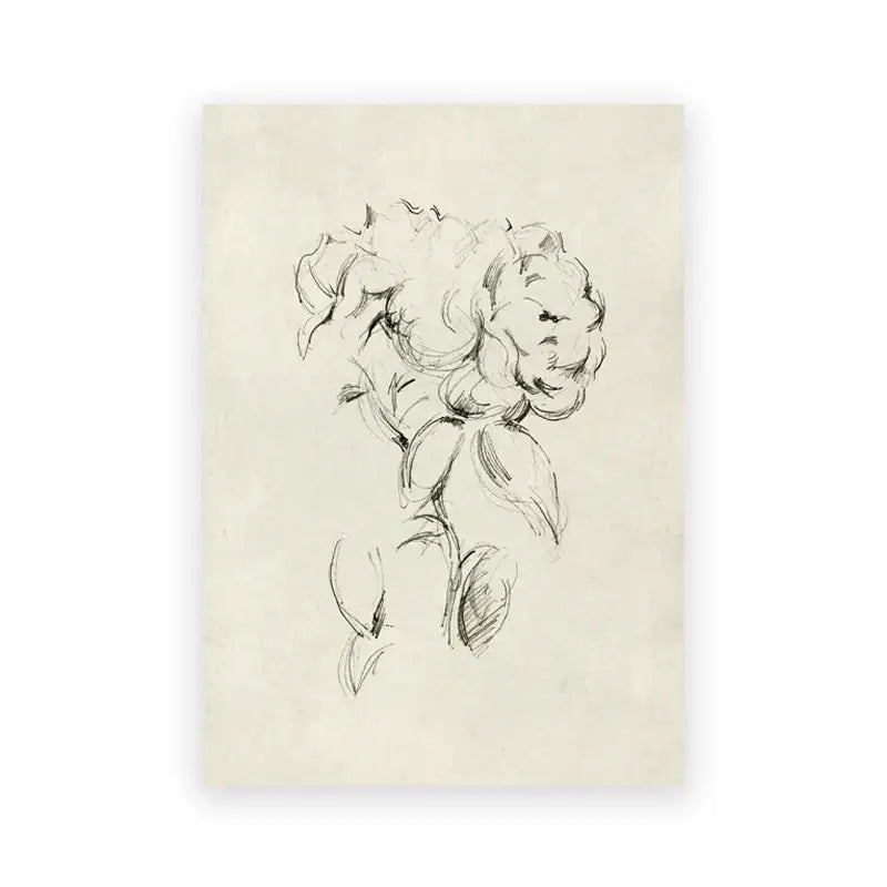 DecorBites vintage farmhouse landscape canvas wall art featuring a delicate black ink peony sketch on cream paper