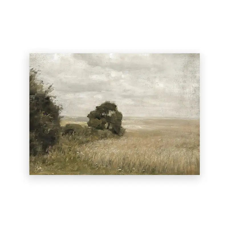 Muted vintage oil painting farmhouse landscape canvas wall art featuring a solitary tree in a golden field