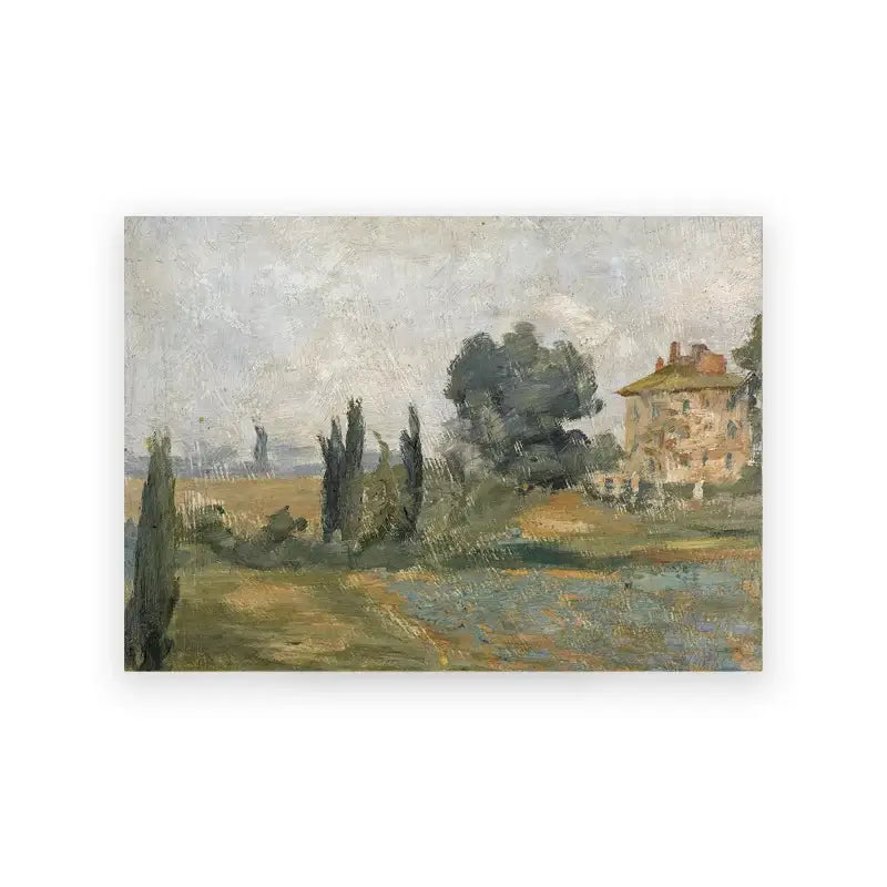 DecorBites™ vintage oil painting wall art of rustic stone farmhouse landscape canvas with reddish-brown roof and cypress trees