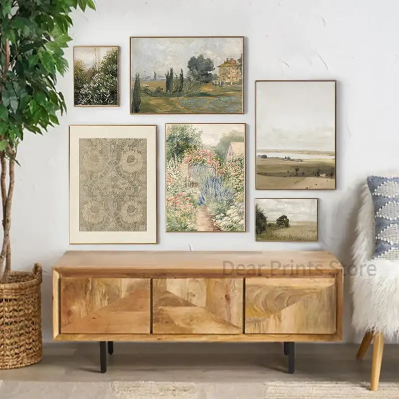 A rustic wooden console table with natural finish and geometric inlay patterns complements vintage oil painting wall art
