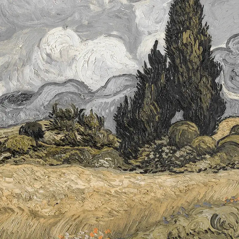 DecorBites™ vintage oil painting farmhouse landscape canvas wall art with textured dark cypress trees and swirling gray sky