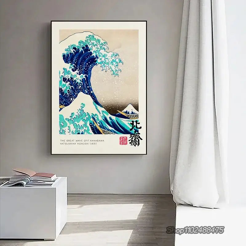 A framed canvas print of vintage great wave by katsushika hokusai featuring dynamic blue and white waves with mount fuji