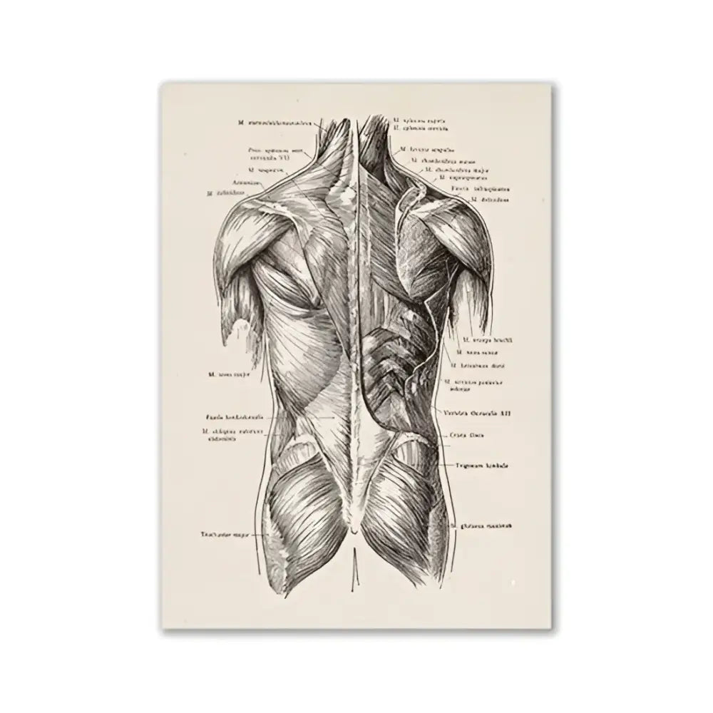 DecorBites™ vintage human anatomy canvas print with detailed black ink back muscle diagram on aged off-white paper