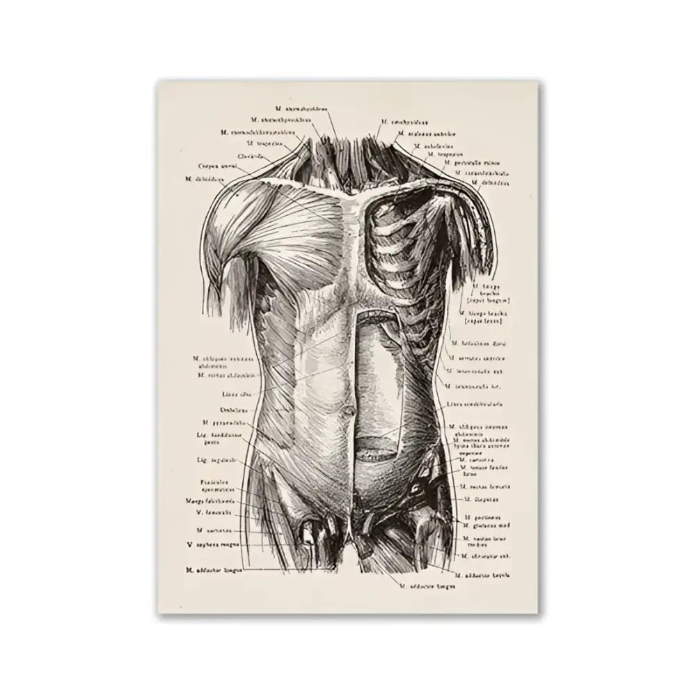 Decorbites™ vintage human anatomy canvas wall art featuring black ink illustration of muscles and organs on aged paper