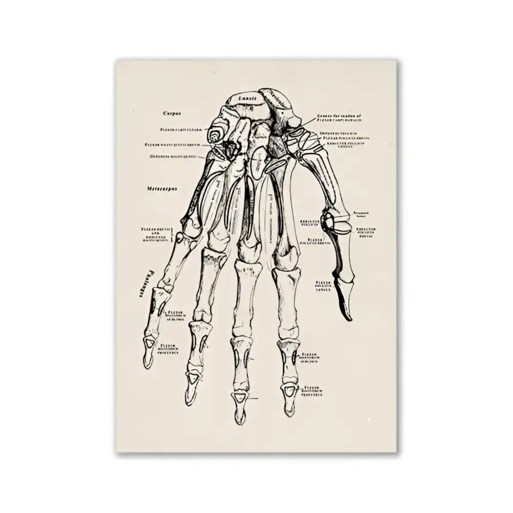 DecorBites™ vintage human anatomy canvas wall art featuring an anatomical hand skeleton on off-white paper