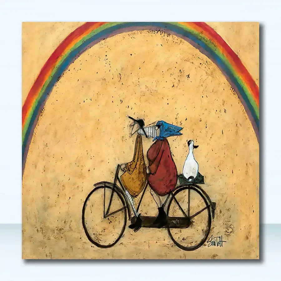 DecorBites™ vintage nordic abstract landscape canvas art with whimsical figures and a duck on a tandem bicycle under a rainbow