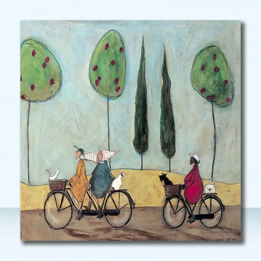 Decorbites™ vintage nordic abstract landscape dog canvas art with a whimsical square painting of cyclists and stylized trees