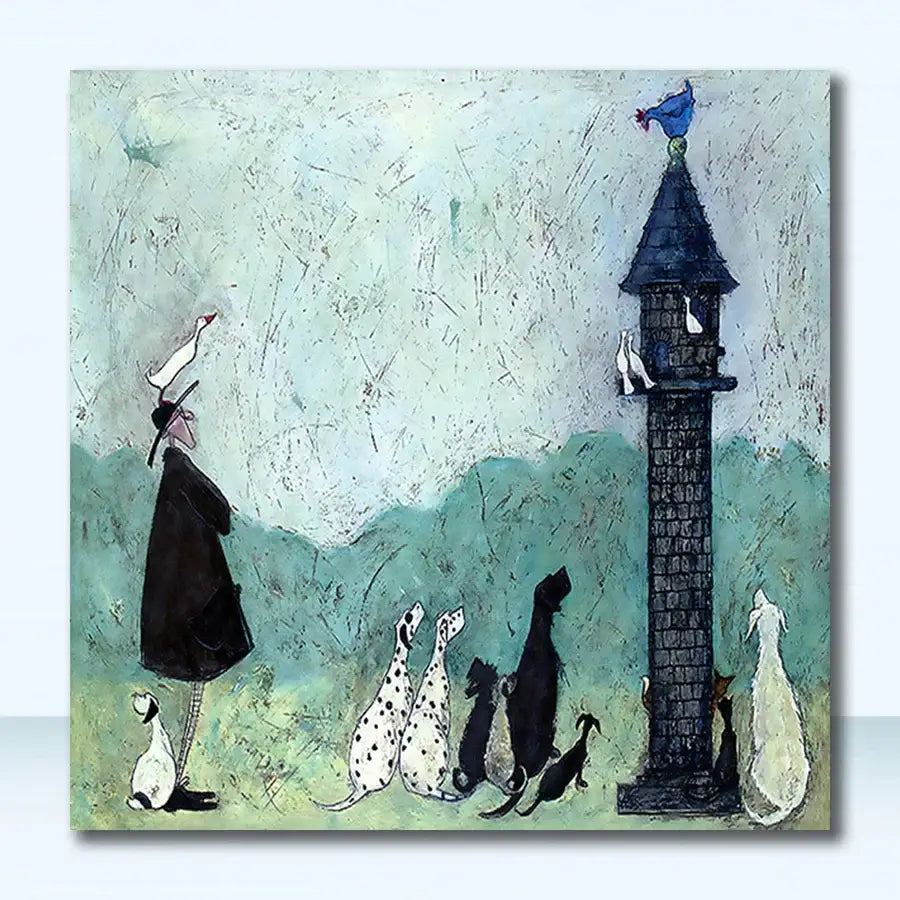 A whimsical vintage nordic abstract landscape canvas art featuring a man in black coat with various dogs and a dark tower