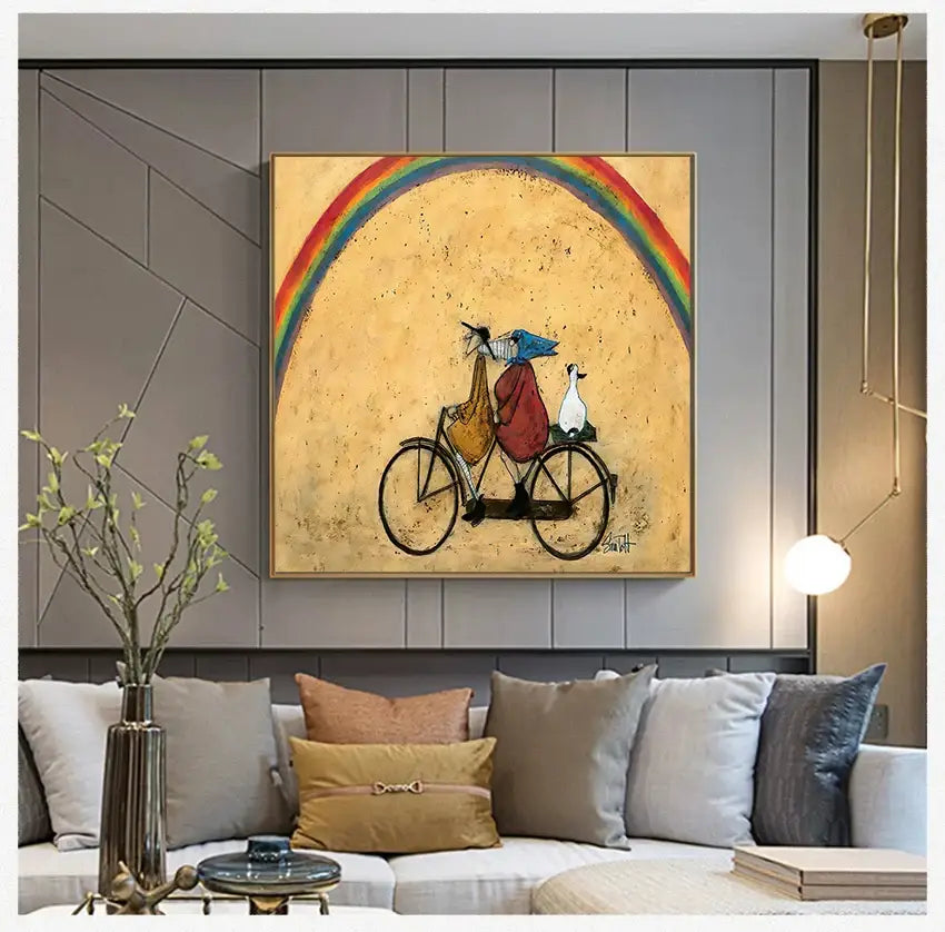 Decorbites vintage nordic abstract landscape dog canvas art with a red figure riding bicycle under rainbow and white bird