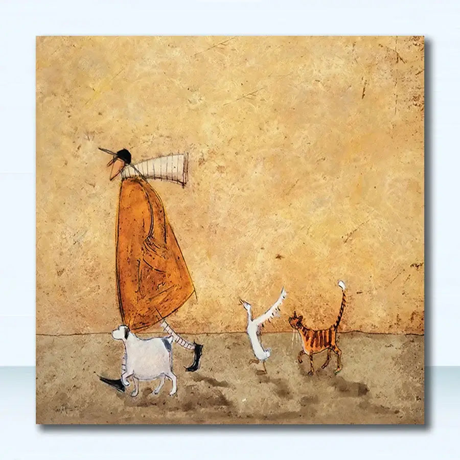 A vintage nordic abstract landscape dog canvas art featuring a stylized figure in an orange coat with three animals