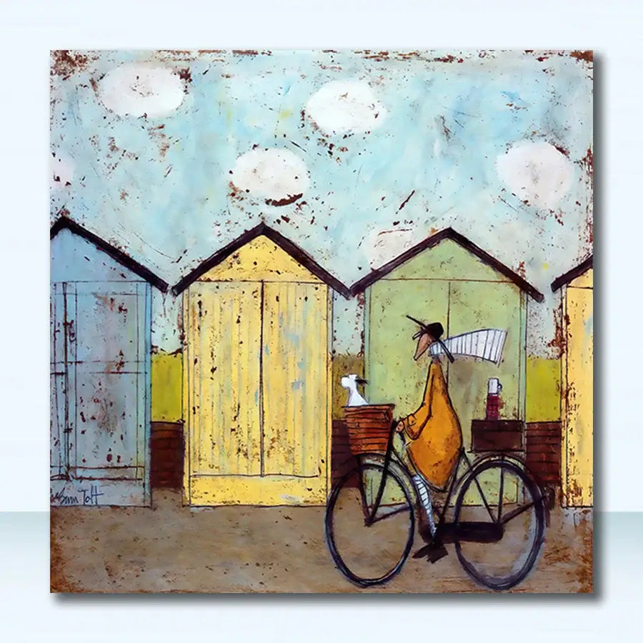 Decorbites vintage nordic abstract landscape dog canvas art featuring a cyclist in orange coat by colorful beach huts