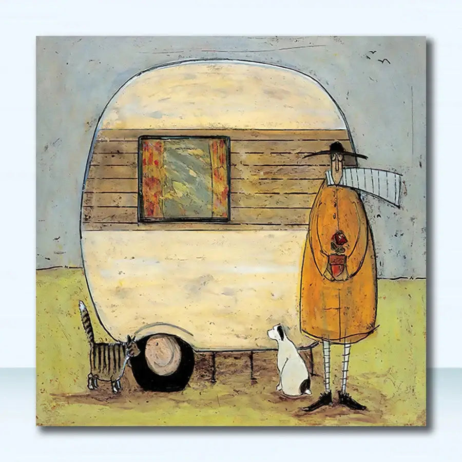 Decorbites™ vintage nordic abstract landscape dog canvas art featuring a hand-painted cream and wood camper with a figure in orange coat