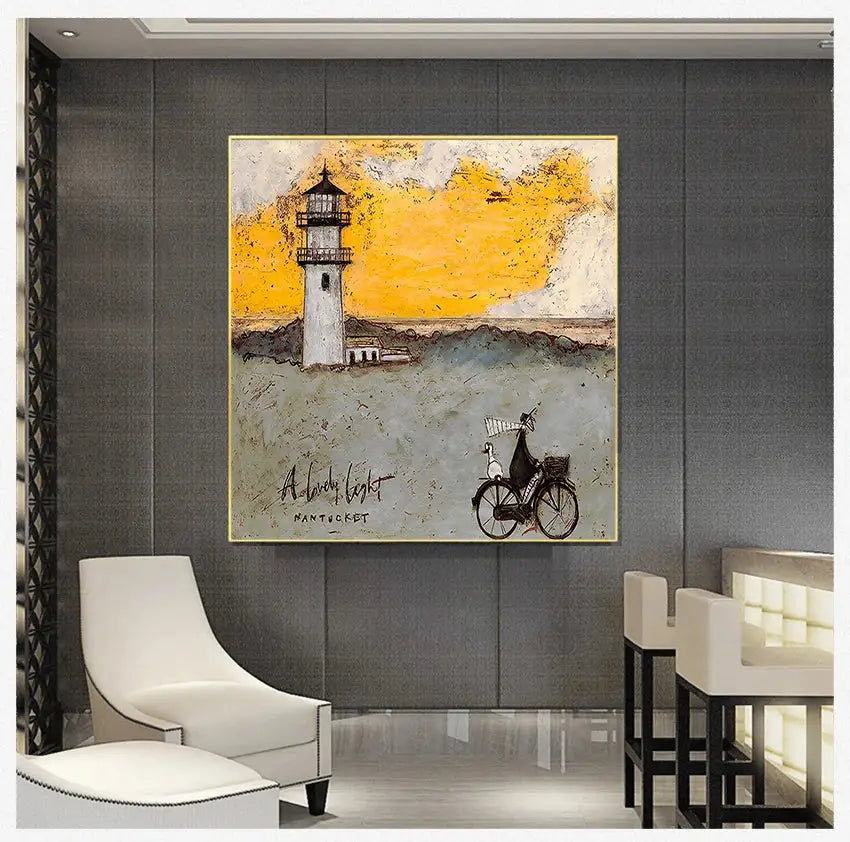 A framed DecorBites™ vintage nordic abstract landscape canvas art featuring a white lighthouse and black-and-white bicycle