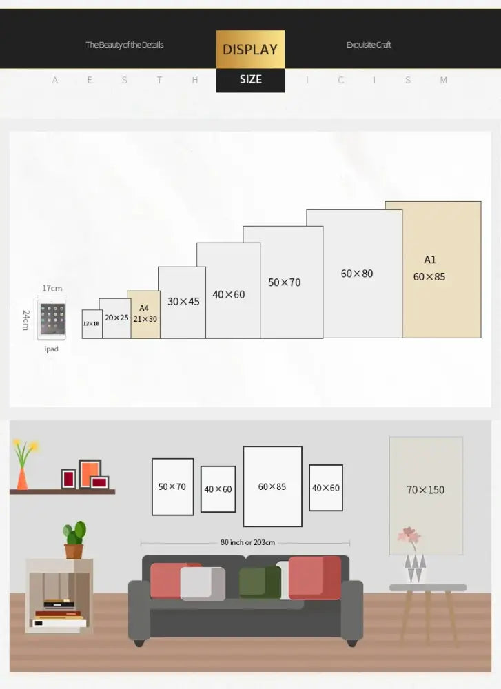 A sleek minimalist display of decorbites™ vintage nordic abstract landscape dog canvas art in various sizes on a living room wall