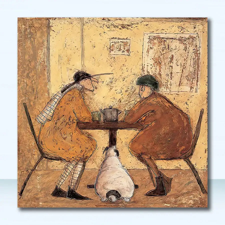 Warm-toned textured canvas painting of two figures and a dog at a table in a nordic abstract landscape style