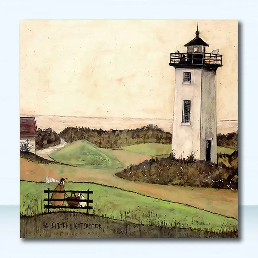 Decorbites vintage nordic abstract landscape dog canvas art featuring a white lighthouse with black trim against beige sky